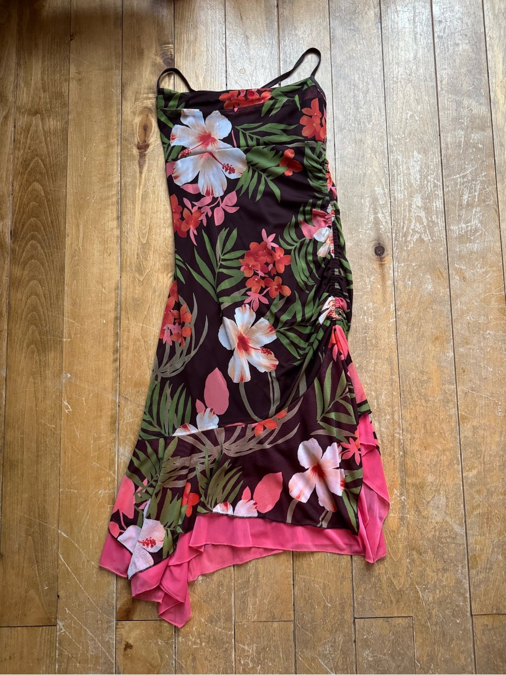 y2k XOXO Tropical Floral Slip Dress in Brown & Pink Medium